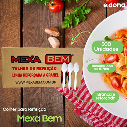 Colher Descartável Branca Reforçada 15,7cm para Refeição Granel com 500 unidades Mexa Bem