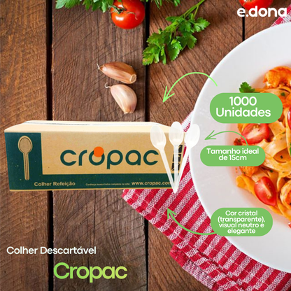 Colher Descartável Cristal 15cm para Refeição Granel com 1.000 Unidades Cropac