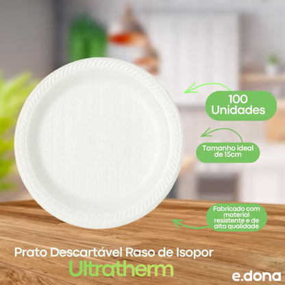Prato Descartável Raso de Isopor 15cm para Sobremesa com 100 unidades Ultratherm