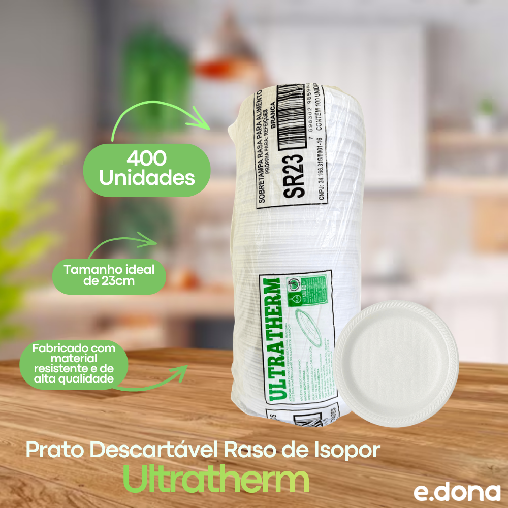 Prato Descartável Raso de Isopor 23cm para Refeição com 400 unidades Ultratherm