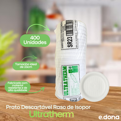 Prato Descartável Raso de Isopor 23cm para Refeição com 400 unidades Ultratherm