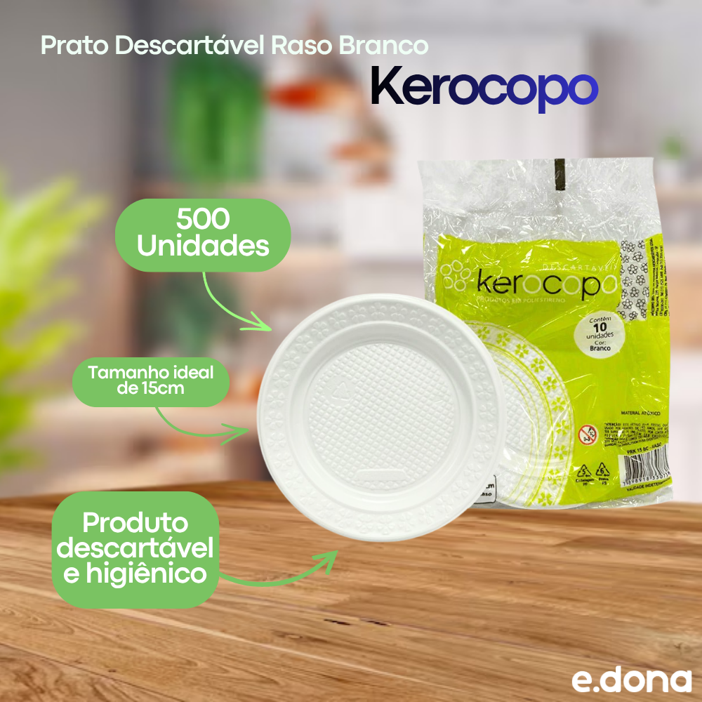 Prato Descartável Raso Branco 15cm para Sobremesa com 500 unidades Kerocopo