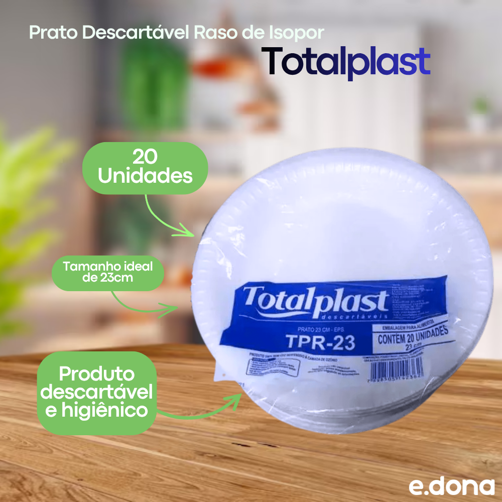 Prato Descartável Raso de Isopor 23cm com 20 Unidades Totalplast