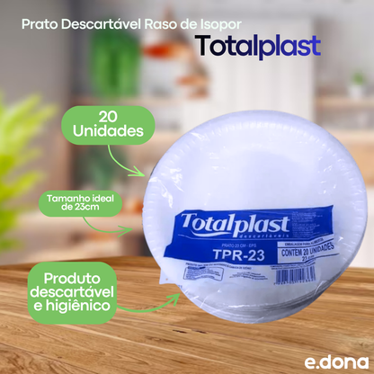 Prato Descartável Raso de Isopor 23cm com 20 Unidades Totalplast