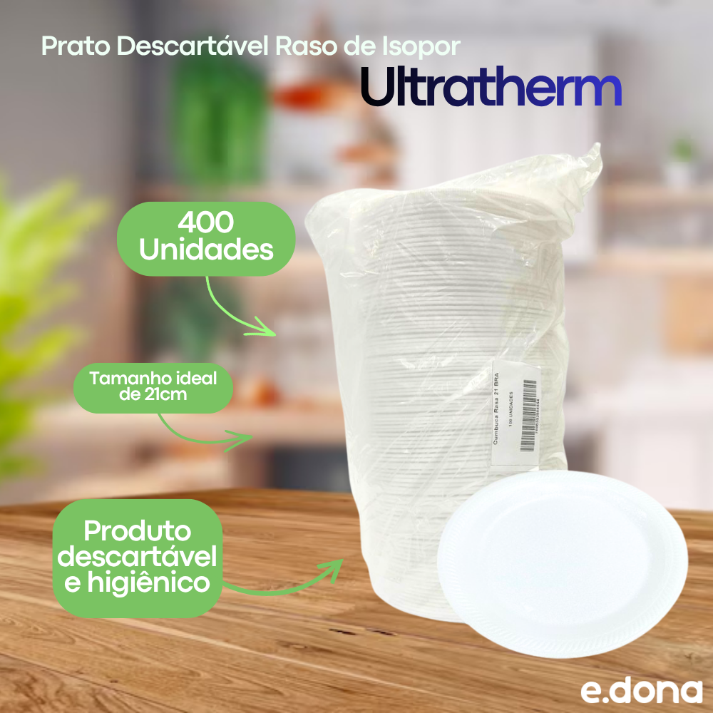 Prato Descartável Raso de Isopor 21cm para Refeição com 400 unidades Ultratherm