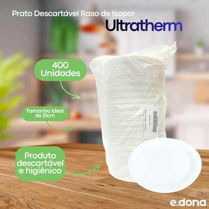 Prato Descartável Raso de Isopor 21cm para Refeição com 400 unidades Ultratherm