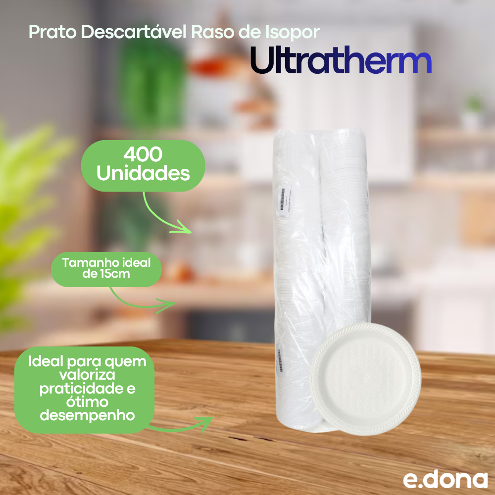 Prato Descartável Raso de Isopor 15cm para Sobremesa com 400 unidades Ultratherm