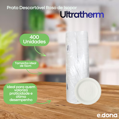 Prato Descartável Raso de Isopor 15cm para Sobremesa com 400 unidades Ultratherm