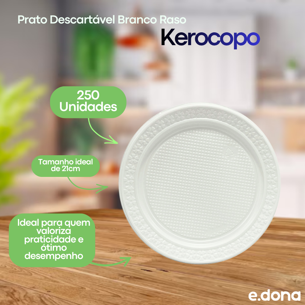 Prato Descartável Branco Raso 21cm para Refeição com 250 unidades Kerocopo
