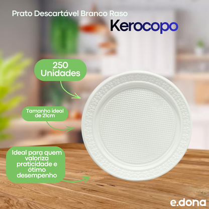 Prato Descartável Branco Raso 21cm para Refeição com 250 unidades Kerocopo