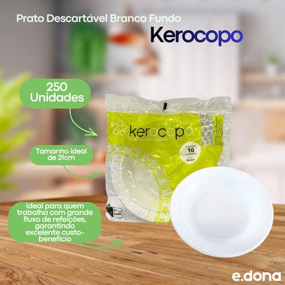 Prato Descartável Branco Fundo 21cm para Refeição com 250 unidades Kerocopo