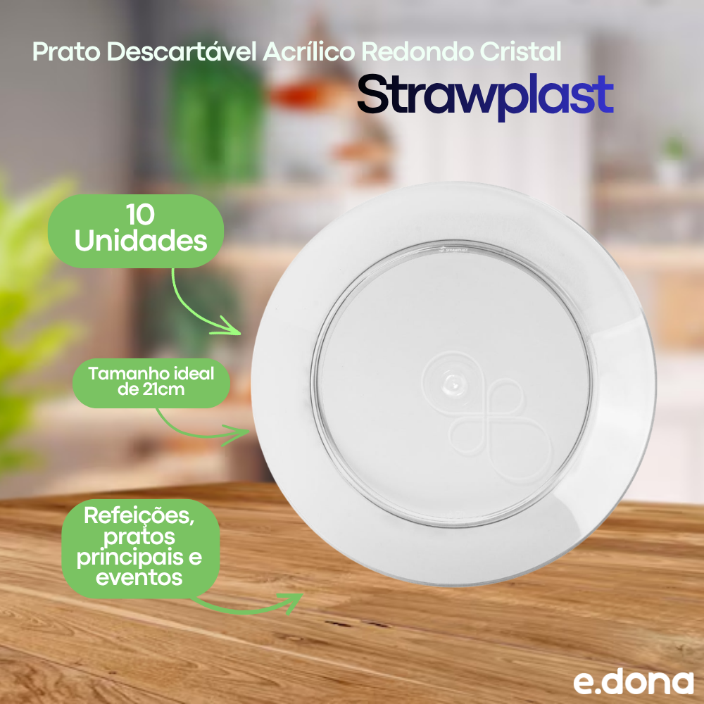 Prato Descartável Acrílico Redondo Cristal 21cm com 10 unidades - Strawplast