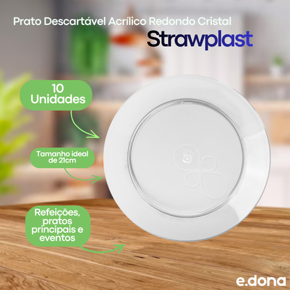 Prato Descartável Acrílico Redondo Cristal 21cm com 10 unidades - Strawplast