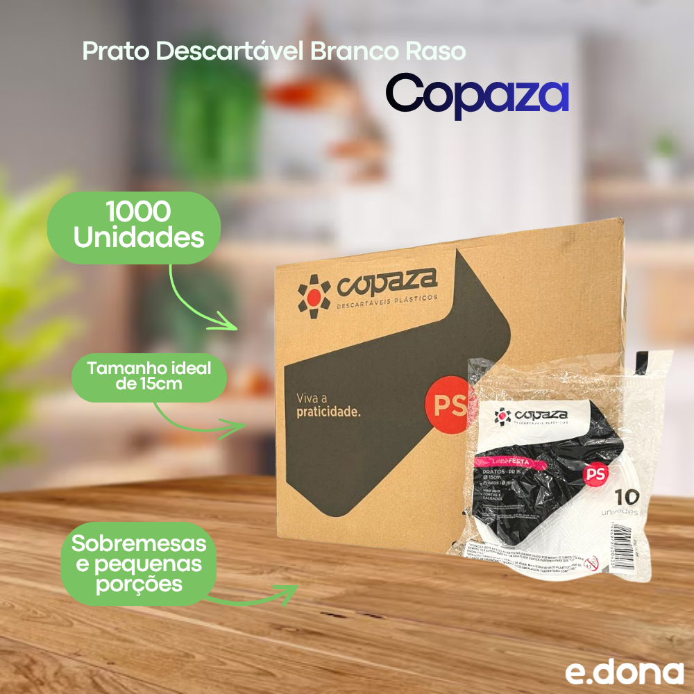 Prato Descartável Branco Raso 15cm para Sobremesa com 1.000 unidades Copaza