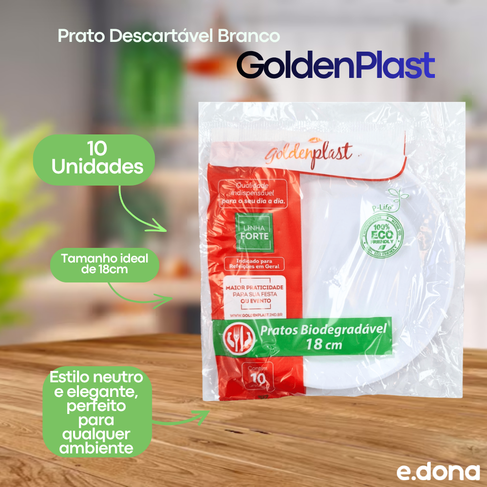 Prato Descartável Branco 18cm com 10 Unidades GoldenPlast