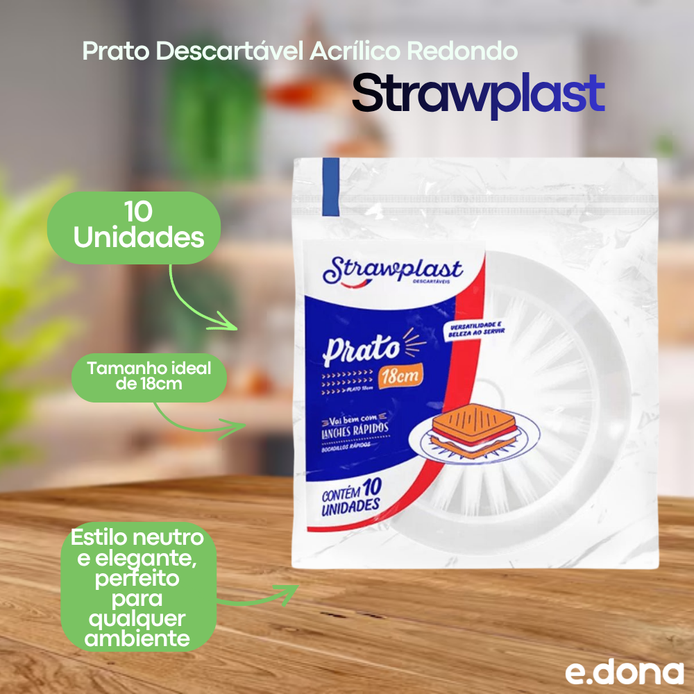 Prato Descartável Acrílico Redondo Cristal 18cm para Sobremesa com 10 unidades - Strawplast