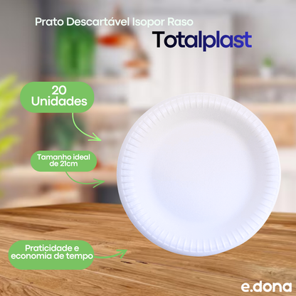 Prato Descartável Isopor Raso 21 cm para Refeição Totalplast – 20 Unidades
