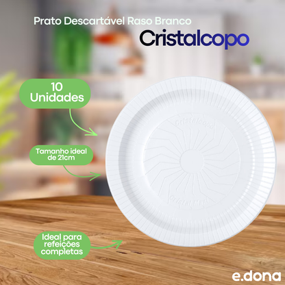 Prato Descartável Raso Branco Refeição Cristalcopo – 10 Unidades