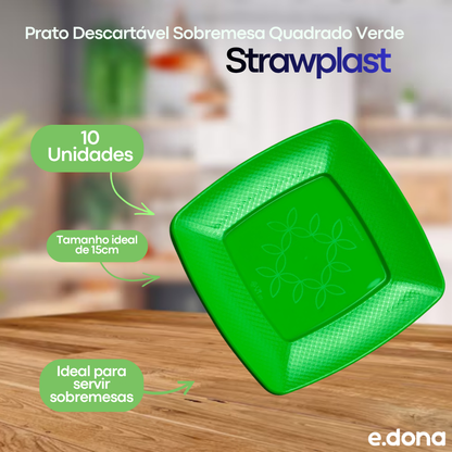 Prato Descartável Sobremesa Quadrado Verde Strawplast – 10 Unidades