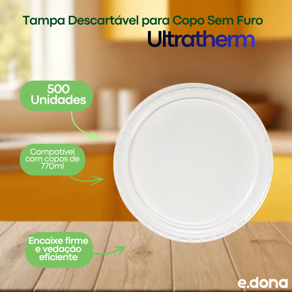 Tampa Descartável para Copo 770ml Sem Furo Transparente PP Ultratherm com 500 Unidades