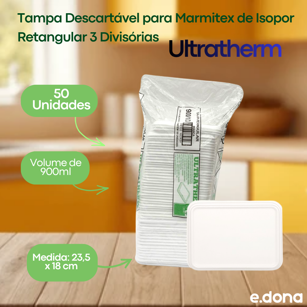 Tampa Descartável para Marmitex de Isopor Retangular 3 Divisórias 900ml Ultratherm 50 Unidades