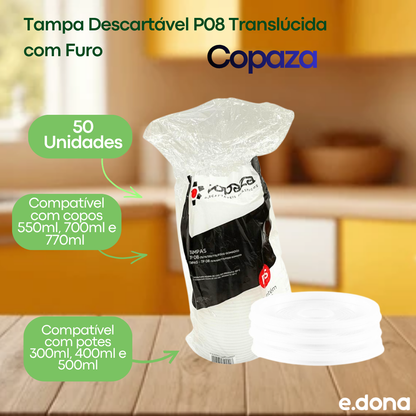 Tampa Descartável P08 Translúcida com Furo Copaza para Copos 550/700/770ml e Potes 300/400/500ml 50 Unidades