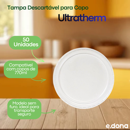 Tampa Descartável para Copo 770ml Sem Furo Transparente PP Ultratherm 50 Unidades