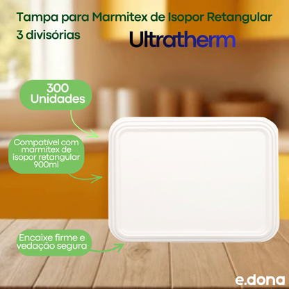 Tampa para Marmitex de Isopor Retangular 3 divisórias 900ml Ultratherm com 300 unidades