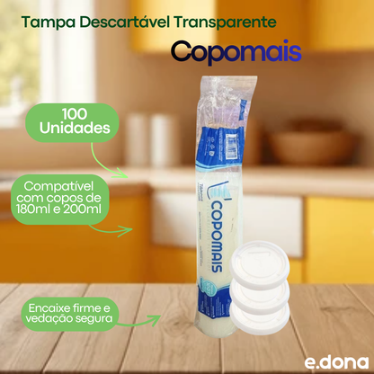 Tampa Descartável Transparente Copomais para Pote 100ml e Copos 180/200ml 100 Unidades