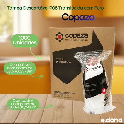 Tampa Descartável P08 Translúcida com Furo Copaza 1.000 Unidades