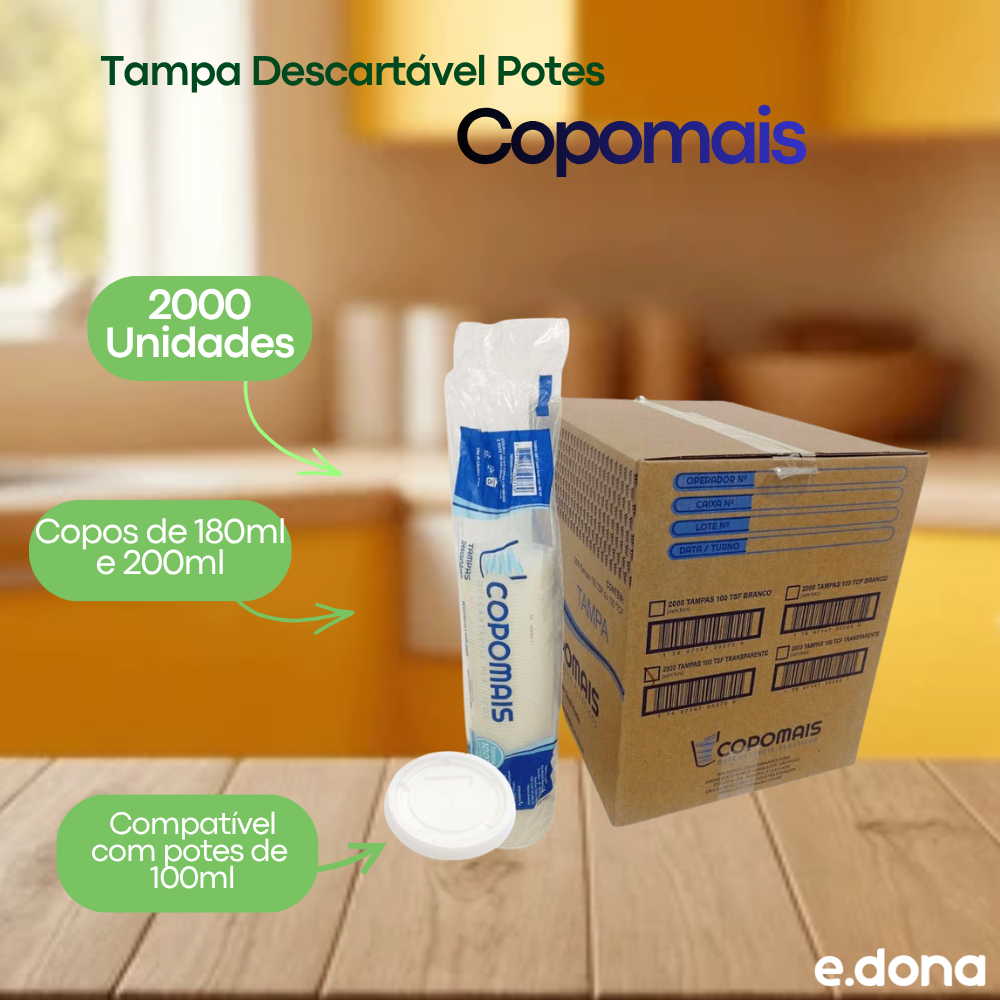 Tampa para Pote de 100ml e copos de 180/200ml Transparente Copomais com 2.000 unidades