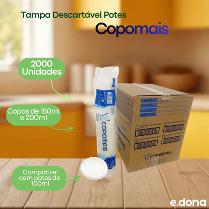 Tampa para Pote de 100ml e copos de 180/200ml Transparente Copomais com 2.000 unidades