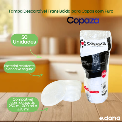 Tampa Descartável Translúcida para Copos 250/300/330ml com Furo Copaza – 50 Unidades