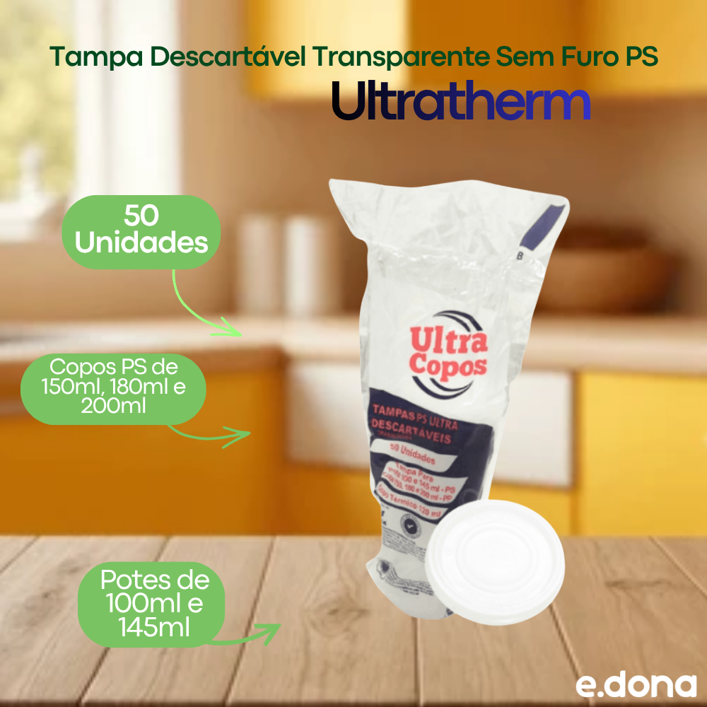 Tampa Descartável Transparente Sem Furo PS Ultratherm para Potes 100/145ml e Copos 120/150/180/200ml - 50 Unidades