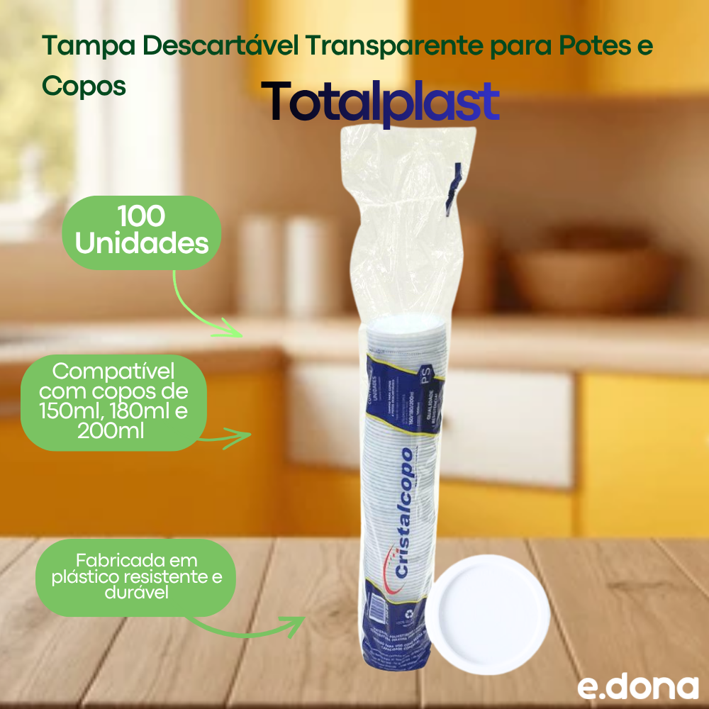 Tampa Descartável Branca para Pote 100ml e Copos 150ml, 180ml e 200ml Cristalcopo – Pacote com 100 Unidades