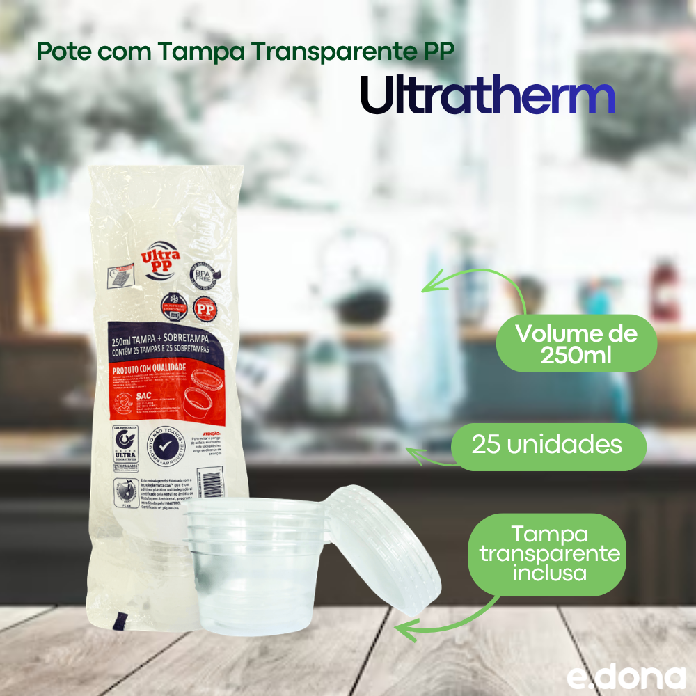 Pote 250ml com Tampa Transparente PP Ultratherm – 25 Unidades