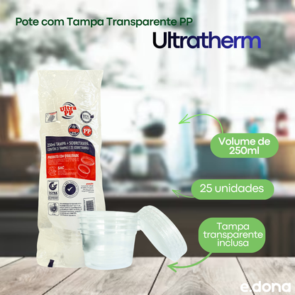 Pote 250ml com Tampa Transparente PP Ultratherm – 25 Unidades