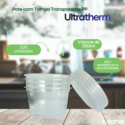 Pote 250ml com Tampa Transparente PP Ultratherm – 500 Unidades