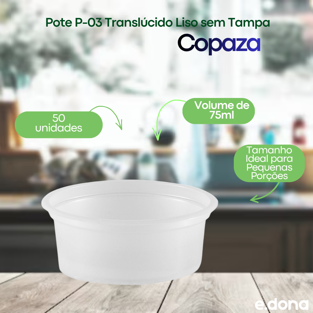 Pote 75 ml P-03 Translúcido Liso sem Tampa Copaza PS com 50 unidades