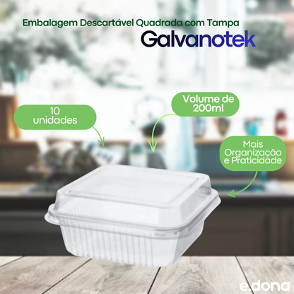 Embalagem Descartável Quadrada 200ml com Tampa Galvanotek – Pacote com 10 Unidades