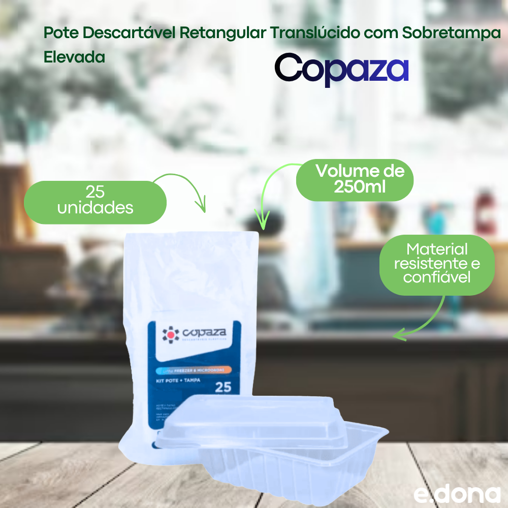 Pote Descartável 250ml Retangular Translúcido com Sobretampa Elevada Copaza - 25 Unidades