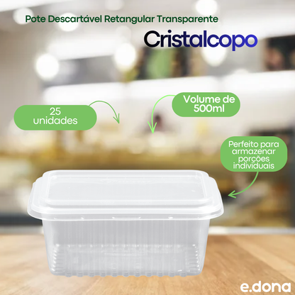 Pote Descartável Retangular Transparente 500ml com Tampa 25 unidades Cristalcopo