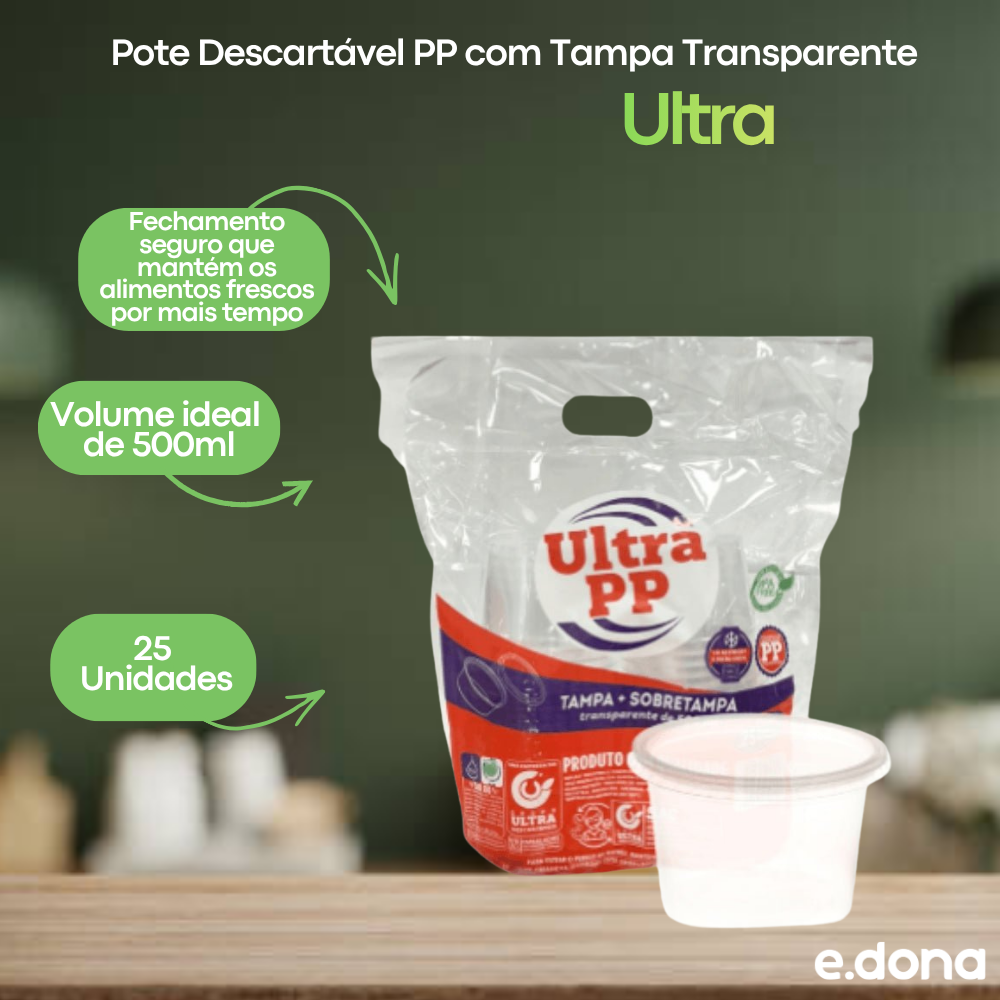 Pote Descartável 500ml PP com Tampa Transparente 25 Unidades Ultra