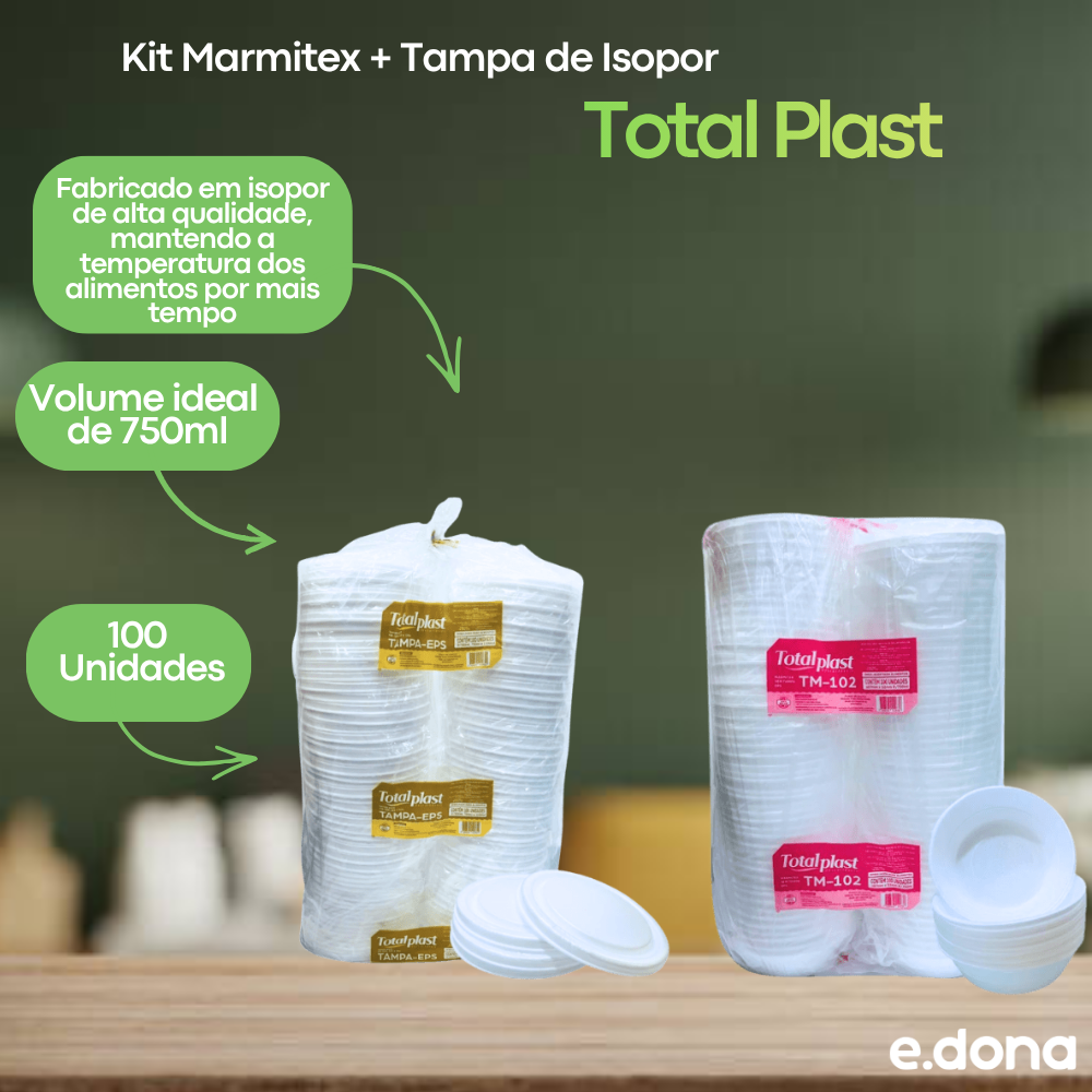 Kit Marmitex + Tampa de Isopor 750ml Total Plast – 100 Unidades Cada