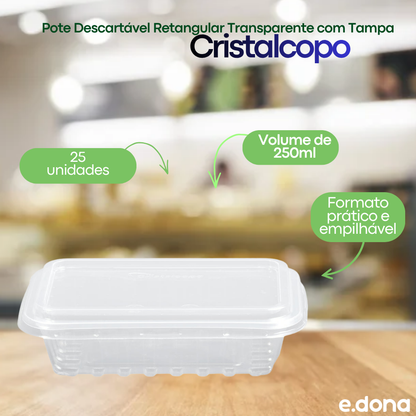 Pote Descartável Retangular Transparente 250ml com Tampa com 25 unidades Cristalcopo