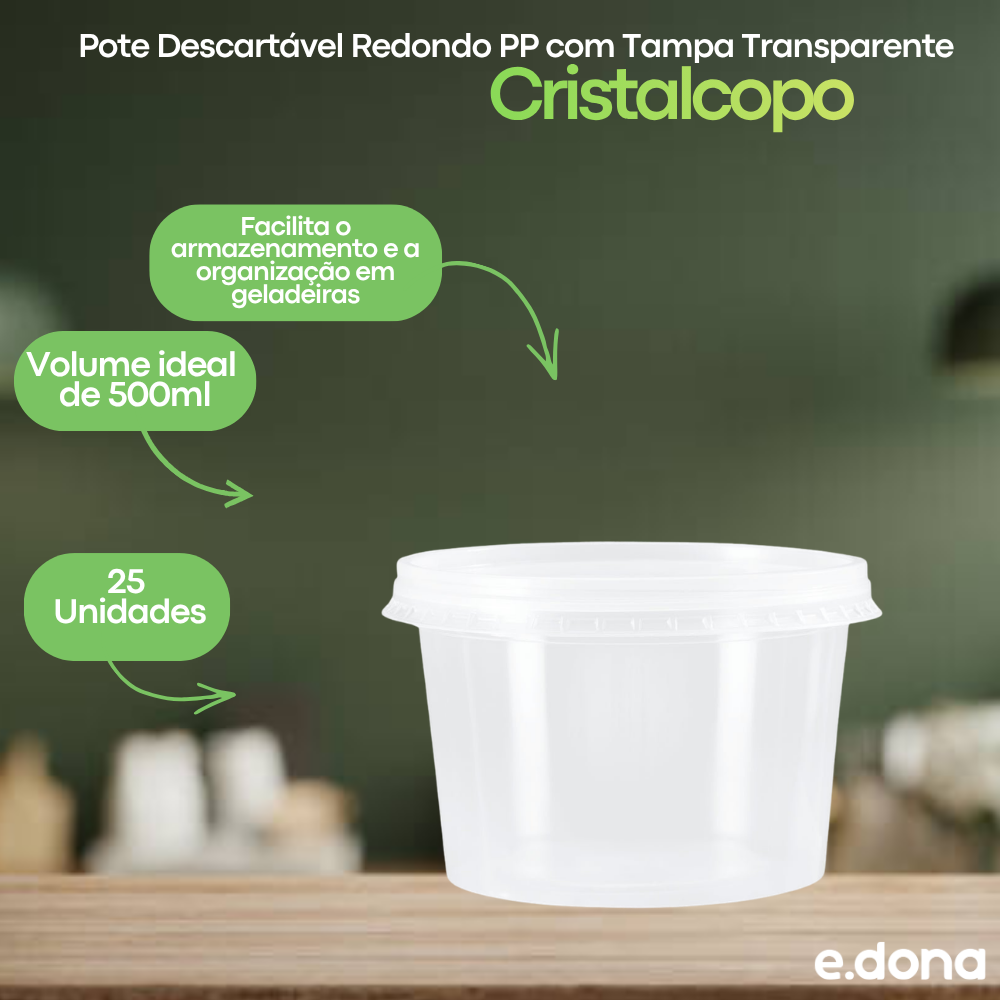 Pote Descartável Redondo 500ml PP com Tampa Transparente 25 unidades Cristalcopo