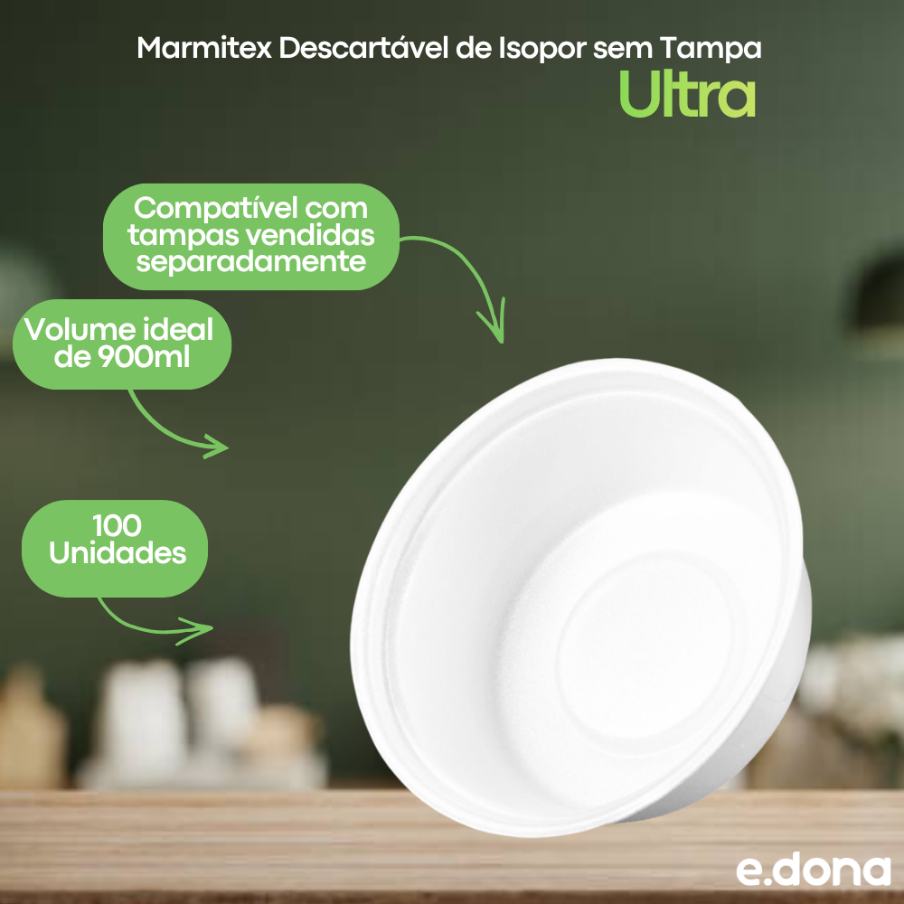 Marmitex Descartável 900ml de Isopor sem Tampa com 100 Unidades Ultratherm