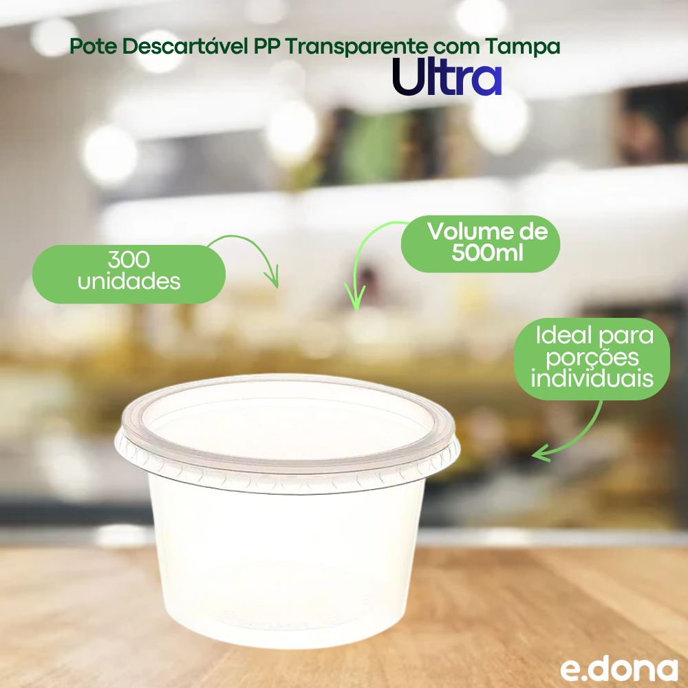 Pote Descartável PP 500ml Transparente com Tampa 300 Unidades Ultra