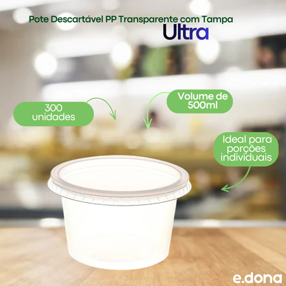 Pote Descartável PP 500ml Transparente com Tampa 300 Unidades Ultra