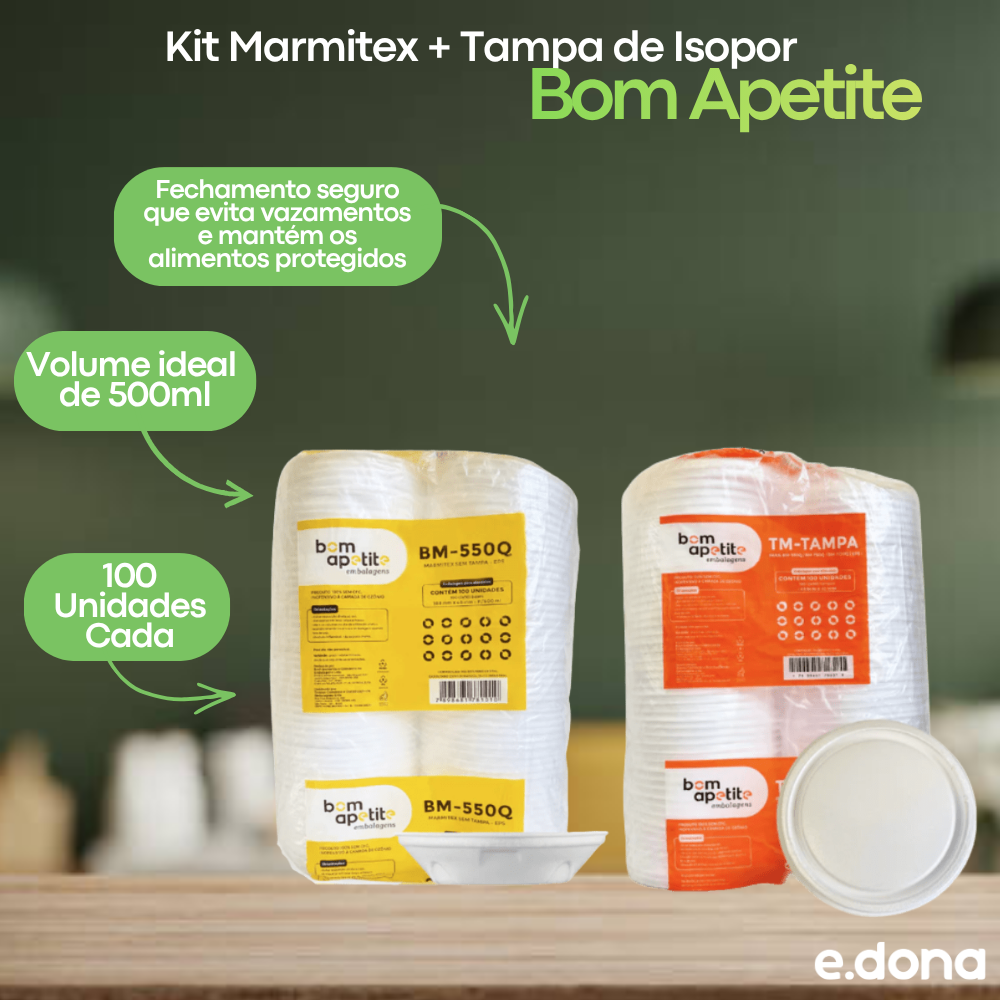 Kit Marmitex + Tampa de Isopor 500ml Bom Apetite – 100 Unidades Cada